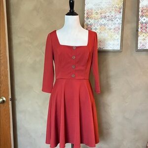 miami Pumpkin Orange Square-Neck 3/4 Sleeve Mini Fit & Flare Dress